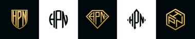 Initial letters HPN logo designs Bundle. This collection incorporated with shield, round, diamond, rectangle and hexagon style logo. Vector template