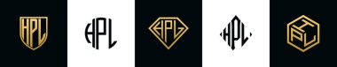 Initial letters HPL logo designs Bundle. This collection incorporated with shield, round, diamond, rectangle and hexagon style logo. Vector template