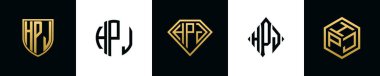 Initial letters HPJ logo designs Bundle. This collection incorporated with shield, round, diamond, rectangle and hexagon style logo. Vector template