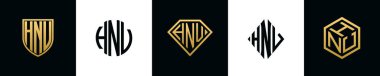 Initial letters HNV logo designs Bundle. This collection incorporated with shield, round, diamond, rectangle and hexagon style logo. Vector template