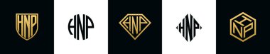 Initial letters HNP logo designs Bundle. This collection incorporated with shield, round, diamond, rectangle and hexagon style logo. Vector template
