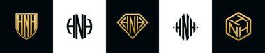 Initial letters HNH logo designs Bundle. This collection incorporated with shield, round, diamond, rectangle and hexagon style logo. Vector template