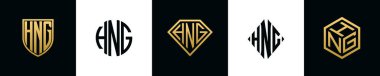 Initial letters HNG logo designs Bundle. This collection incorporated with shield, round, diamond, rectangle and hexagon style logo. Vector template