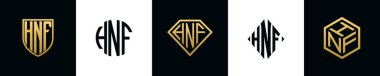 Initial letters HNF logo designs Bundle. This collection incorporated with shield, round, diamond, rectangle and hexagon style logo. Vector template