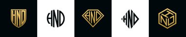 Initial letters HND logo designs Bundle. This collection incorporated with shield, round, diamond, rectangle and hexagon style logo. Vector template