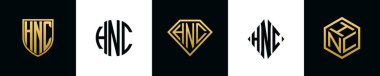 Initial letters HNC logo designs Bundle. This collection incorporated with shield, round, diamond, rectangle and hexagon style logo. Vector template