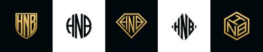 Initial letters HNB logo designs Bundle. This collection incorporated with shield, round, diamond, rectangle and hexagon style logo. Vector template