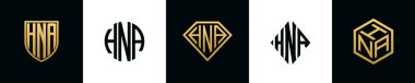Initial letters HNA logo designs Bundle. This collection incorporated with shield, round, diamond, rectangle and hexagon style logo. Vector template