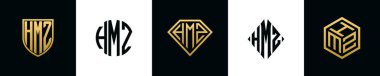 Initial letters HMZ logo designs Bundle. This collection incorporated with shield, round, diamond, rectangle and hexagon style logo. Vector template