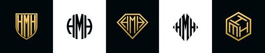 Initial letters HMH logo designs Bundle. This collection incorporated with shield, round, diamond, rectangle and hexagon style logo. Vector template