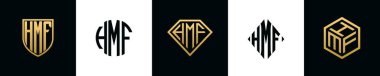 Initial letters HMF logo designs Bundle. This collection incorporated with shield, round, diamond, rectangle and hexagon style logo. Vector template
