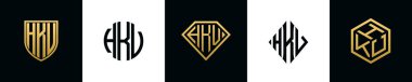 Initial letters HKV logo designs Bundle. This collection incorporated with shield, round, diamond, rectangle and hexagon style logo. Vector template