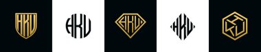 Initial letters HKU logo designs Bundle. This collection incorporated with shield, round, diamond, rectangle and hexagon style logo. Vector template