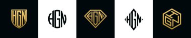 Initial letters HGN logo designs Bundle. This collection incorporated with shield, round, diamond, rectangle and hexagon style logo. Vector template