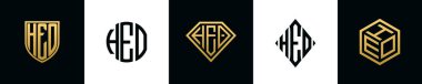 Initial letters HEO logo designs Bundle. This collection incorporated with shield, round, diamond, rectangle and hexagon style logo. Vector template
