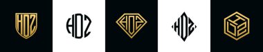 Initial letters HDZ logo designs Bundle. This collection incorporated with shield, round, diamond, rectangle and hexagon style logo. Vector template