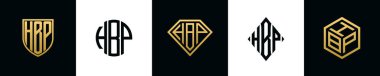 Initial letters HBP logo designs Bundle. This collection incorporated with shield, round, diamond, rectangle and hexagon style logo. Vector template