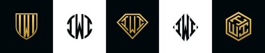 İlk harfler IWI logosu Bundle dizayn eder. Bu koleksiyon kalkan, yuvarlak, elmas, dikdörtgen ve altıgen stil logoyla birleştirilmiştir. Vektör şablonu
