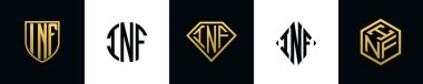 İlk harfler INF logosu Bundle dizayn eder. Bu koleksiyon kalkan, yuvarlak, elmas, dikdörtgen ve altıgen stil logoyla birleştirilmiştir. Vektör şablonu