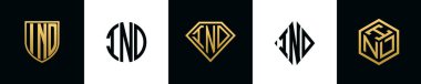 IND logosunun ilk harfleri Bundle dizayn eder. Bu koleksiyon kalkan, yuvarlak, elmas, dikdörtgen ve altıgen stil logoyla birleştirilmiştir. Vektör şablonu