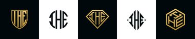 İlk harfler IHE logosu Bundle dizayn eder. Bu koleksiyon kalkan, yuvarlak, elmas, dikdörtgen ve altıgen stil logoyla birleştirilmiştir. Vektör şablonu