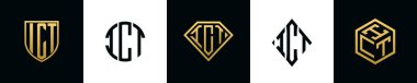İlk harfler ICT logosu Bundle dizayn eder. Bu koleksiyon kalkan, yuvarlak, elmas, dikdörtgen ve altıgen stil logoyla birleştirilmiştir. Vektör şablonu