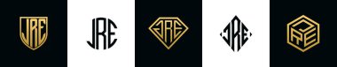 Initial letters JRE logo designs Bundle. This collection incorporated with shield, round, diamond, rectangle and hexagon style logo. Vector template