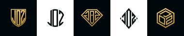 Initial letters JOZ logo designs Bundle. This collection incorporated with shield, round, diamond, rectangle and hexagon style logo. Vector template
