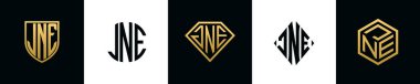Initial letters JNE logo designs Bundle. This collection incorporated with shield, round, diamond, rectangle and hexagon style logo. Vector template