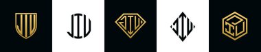 İlk harfler JIU logosu Bundle dizayn eder. Bu koleksiyon kalkan, yuvarlak, elmas, dikdörtgen ve altıgen stil logoyla birleştirilmiştir. Vektör şablonu