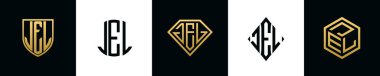 İlk harfler JEL logosu demet dizayn eder. Bu koleksiyon kalkan, yuvarlak, elmas, dikdörtgen ve altıgen stil logoyla birleştirilmiştir. Vektör şablonu