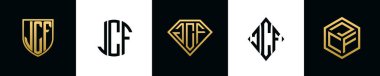 İlk harfler JCF logosu Bundle dizayn eder. Bu koleksiyon kalkan, yuvarlak, elmas, dikdörtgen ve altıgen stil logoyla birleştirilmiştir. Vektör şablonu