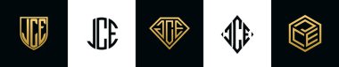 İlk harfler JCE logosu Bundle dizayn eder. Bu koleksiyon kalkan, yuvarlak, elmas, dikdörtgen ve altıgen stil logoyla birleştirilmiştir. Vektör şablonu