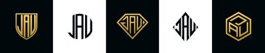 İlk harfler JAU logosu Bundle dizayn eder. Bu koleksiyon kalkan, yuvarlak, elmas, dikdörtgen ve altıgen stil logoyla birleştirilmiştir. Vektör şablonu