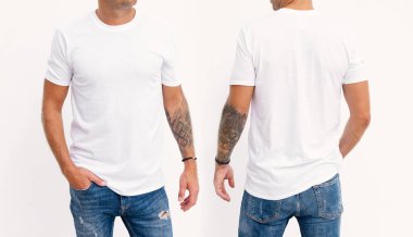Beyaz adam tişörtü giyen manken, kendi tasarımın için model.