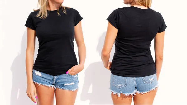 Model Trägt Schwarzes Frauen Shirt Attrappe Für Eigenes Design — Stockfoto