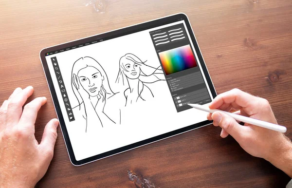 Person Drawing Sketches Digital Tablet — Stock Photo, Image