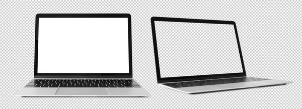 Laptopok Makettje Elölnézetből Oldalnézetből Üres Üres Képernyőkkel Átlátszó Minta Háttér — Stock Fotó