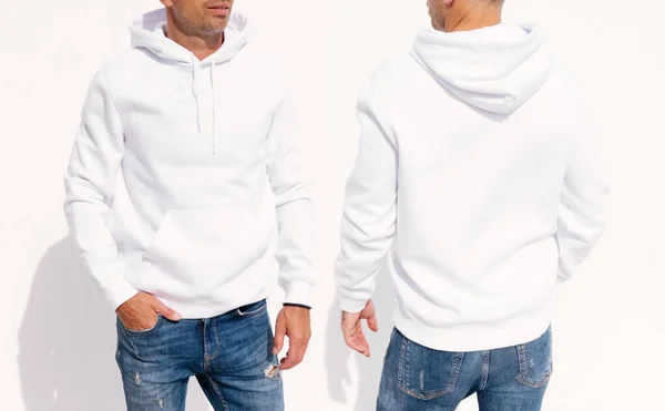 Model Trägt Weißen Kapuzenpulli Für Männer Attrappe Für Eigenes Design — Stockfoto