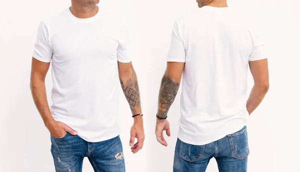 Model wearing white men\'s t-shirt, mockup for your own design