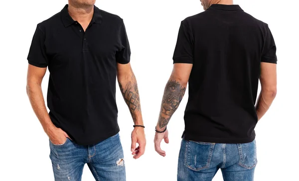 Model Trägt Schwarzes Männer Poloshirt Attrappe Für Eigenes Design — Stockfoto