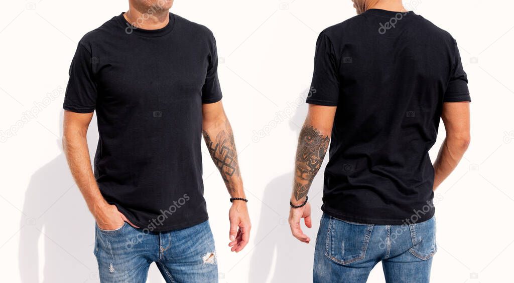 Model wearing black men's t-shirt, mockup for your own design