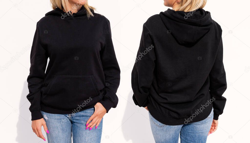 Model wearing black women's hoodie, mockup for your own design