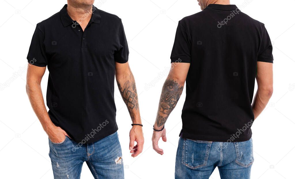 Model wearing black men's polo shirt, mockup for your own design
