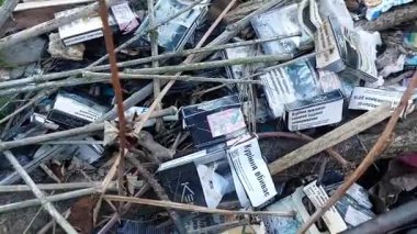 Uzhhorod, Ukrayna. 29 Mart 2025: Çöpe atılmış sigara paketleri ve çöp, tütün atığı kirliliği, sigara ile ilişkili çöp, sigara ambalajı, sigara içmenin çevresel etkileri