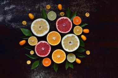 Limon, greyfurt, portakal ve kumkuat da dahil olmak üzere dilimlenmiş turunçgil meyvelerinin dairesel simetrik düzeni. Taze beslenme kavramı, bağışıklık desteği, vitamin alımı, doğal organik sağlık.