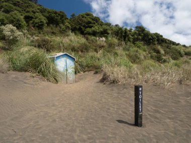 Bethells sahilindeki kum tepelerinde umumi tuvaletler. Posta tuvaleti tabelası. Wainamu yolu.