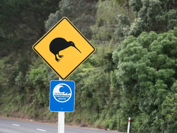 Two road sides on a New Zealand road.One warns to look out for kiwi\'s with a silhouetted bird symbol. The other states a tsunami evacuation route