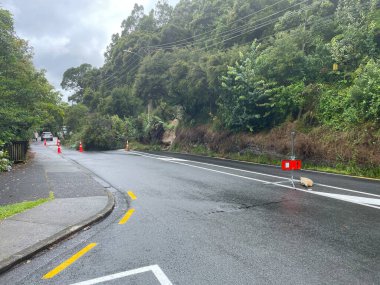View down a road shows a land slip with trees and mud blocking a road after heavy rainfall in New Zealand.Warning signs.National emergency.Climate change.Extreme weather