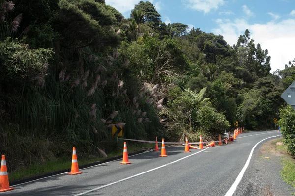 Following tropical storm Cyclone Gabrielle a land slip has occurred blocking one half of a road.Orange safety cones are in place around the fallen trees and mud.New Zealand